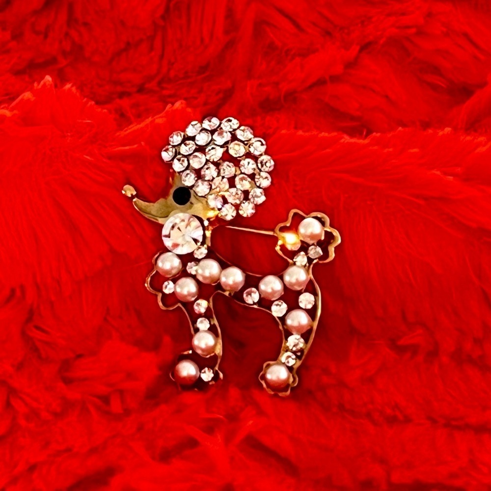 Elegant Poodle Brooch with Pearls & Crystals - NWOT